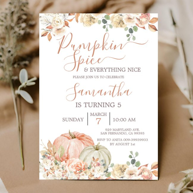 Pumpkin Spice And Everything Nice 5th Birthday Invitation