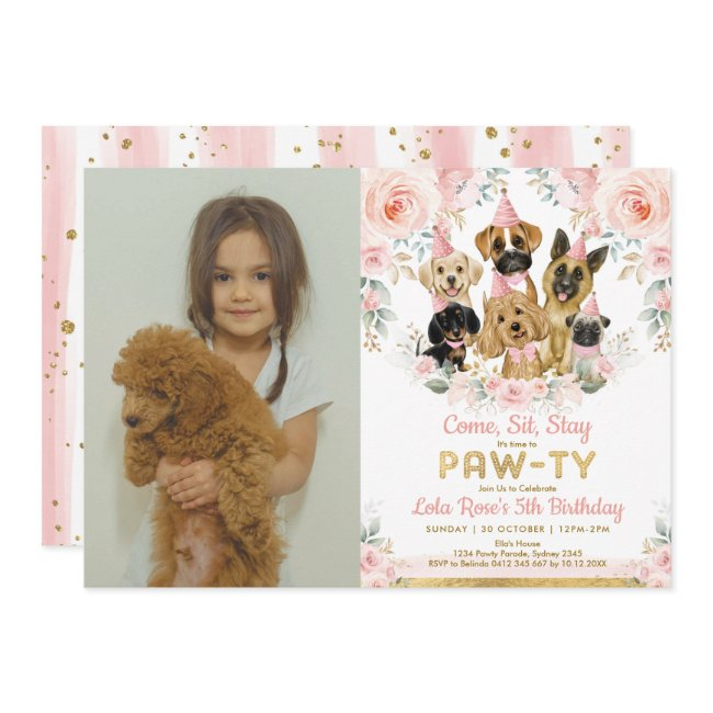 Puppy Dog Girl Birthday Party Blush Floral Photo Invitation