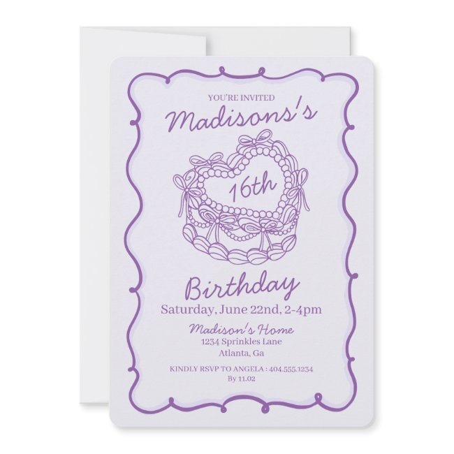 Purple Bow Sweet 16 Heart Coquette Cake Birthday Invitation