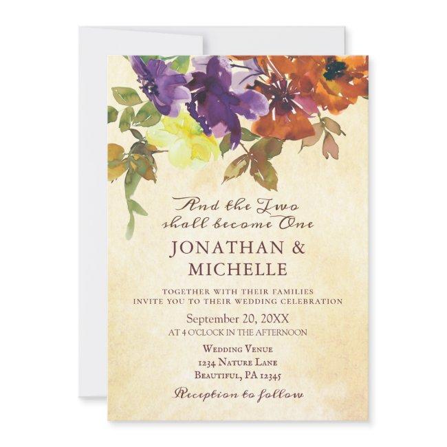 Purple Burnt Orange Floral Christian Wedding Invitation