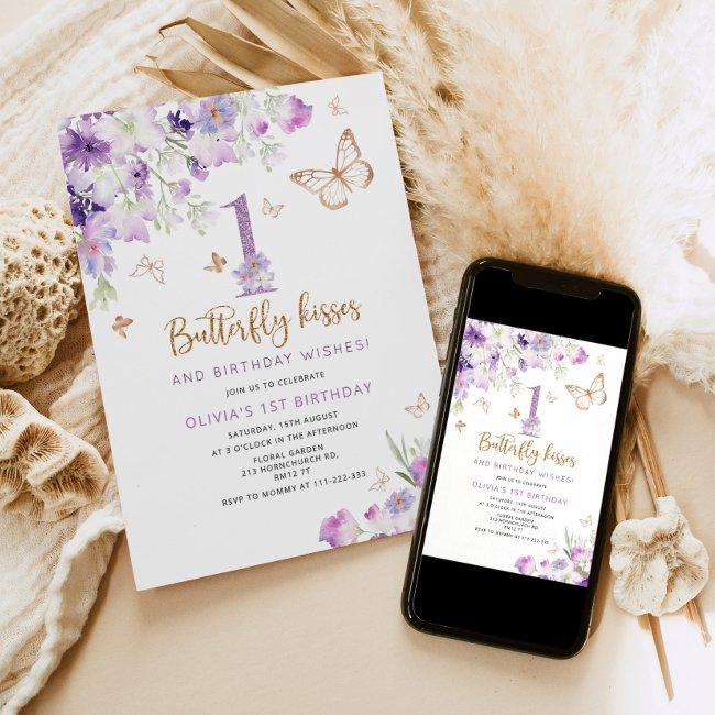 Purple Butterfly First Birthday Invitation
