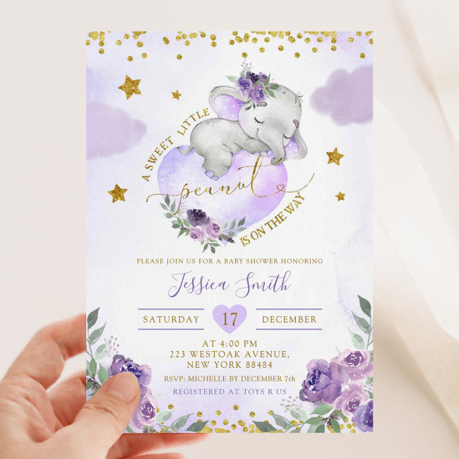 Purple Elephant Dreamy Little Peanut Baby Shower Invitation