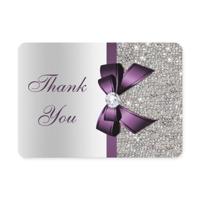 Purple Faux Bow Silver Sequins Diamond Thank You