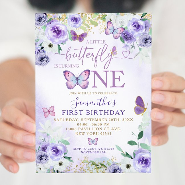 Purple Floral Butterfly Is Turning One Birthday Invitation