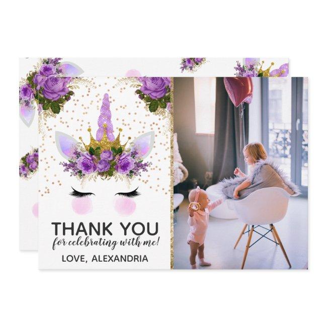 Purple Floral Unicorn Princess Thank You Invitation