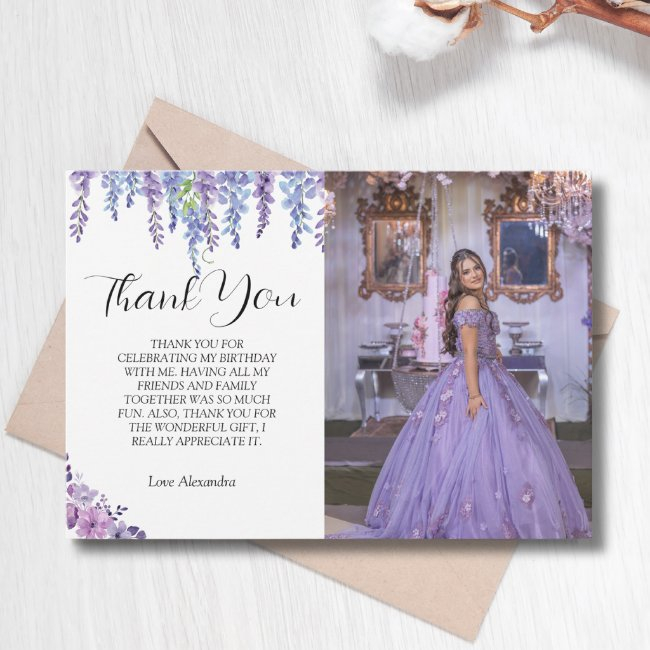 Purple Flower Sweet Sixteen Birthday With Photo Thank You Invitations