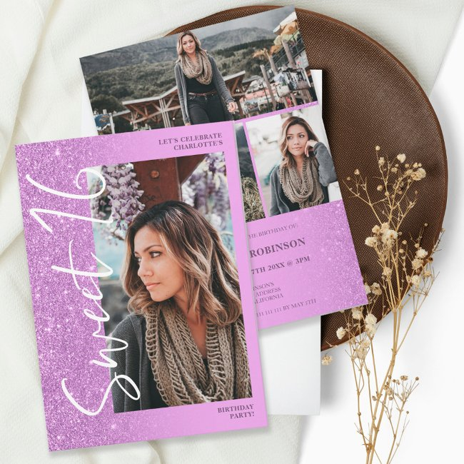Purple Glitter Ombre Script 4 Photos Sweet 16 Invitation