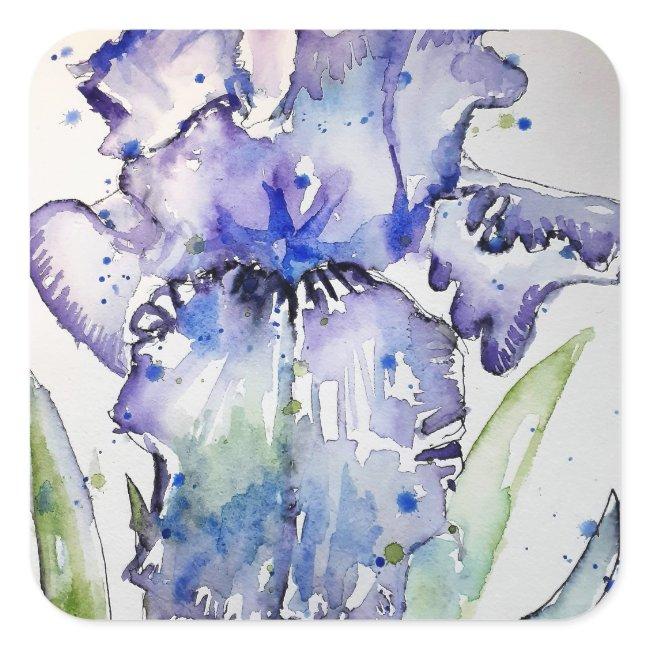 Purple Iris Art Watercolour Birthday Invitation Square Sticker