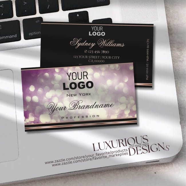 Purple Large Glitter Logo Black Rose Gold Border Business Invitations