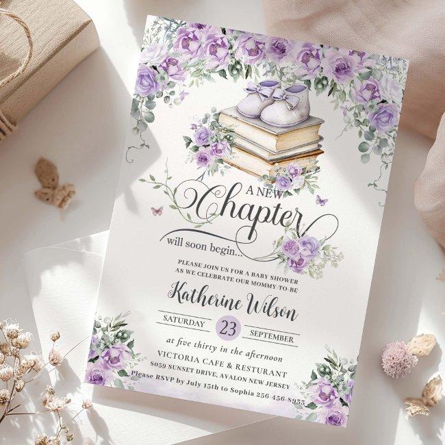 Purple Lilac Floral Book New Chapter Baby Shower Invitation