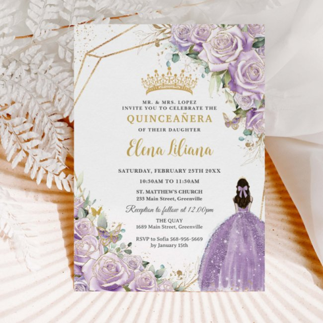 Purple Lilac Floral Princess Gold Quinceañera Xv Invitation