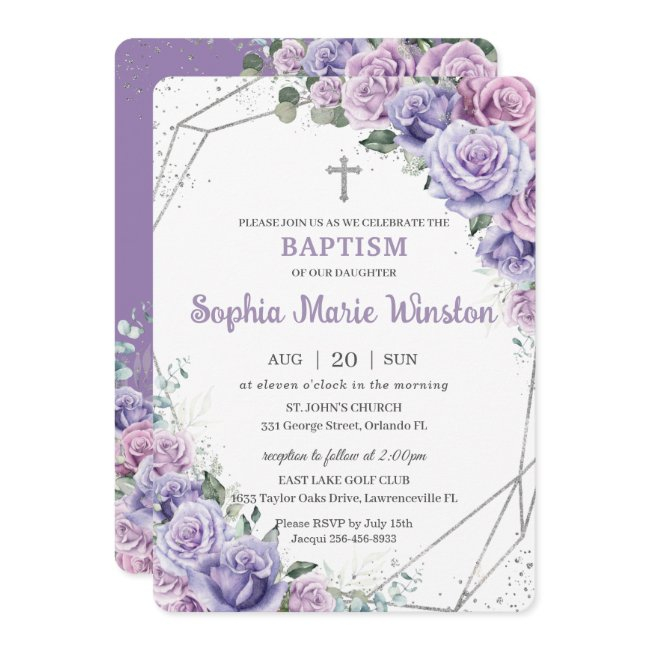 Purple Lilac Floral Silver Baptism Christening Invitation