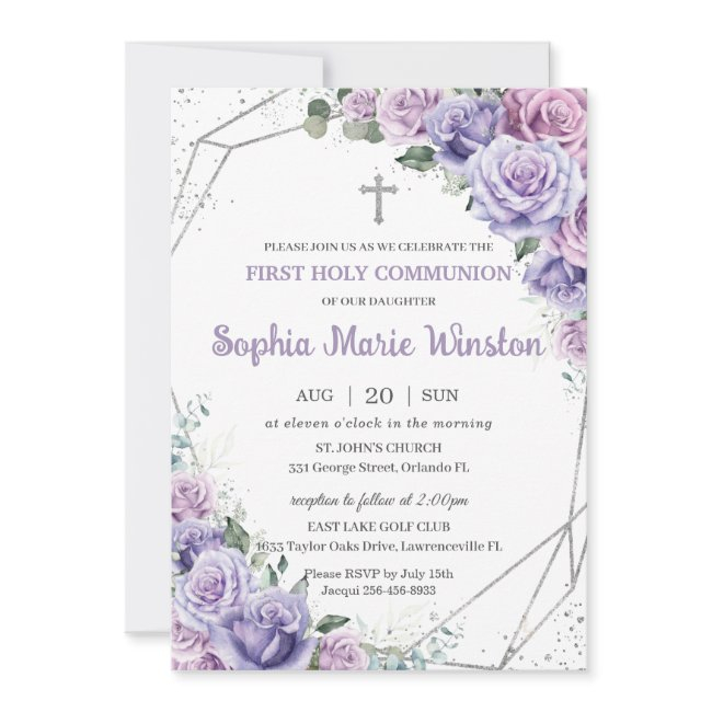 Purple Lilac Floral Silver First Holy Communion Invitation