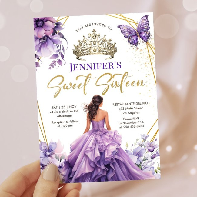 Purple Lilac Girl Princess Tiara Floral Sweet 16 Invitation