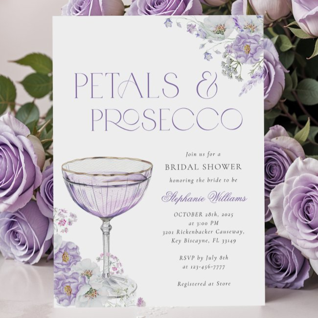 Purple Petals And Prosecco Bridal Shower Invitation