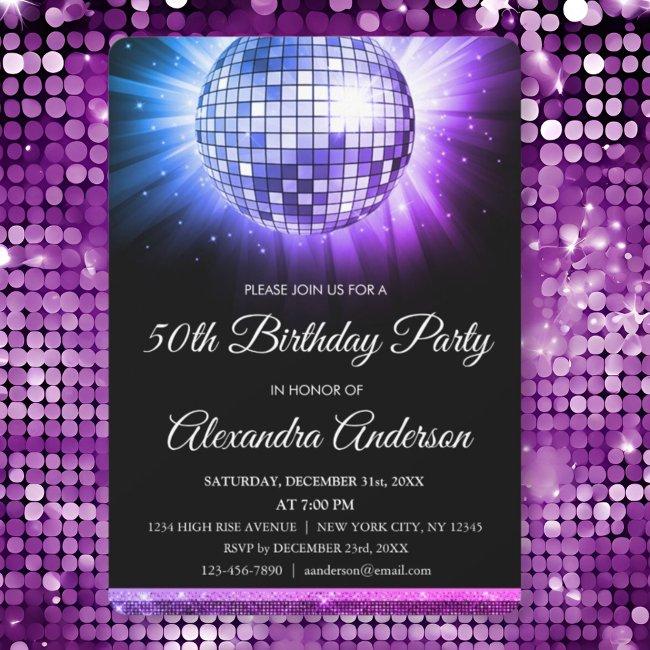 Purple Pink 50th Birthday Party Silver Disco Ball Invitation