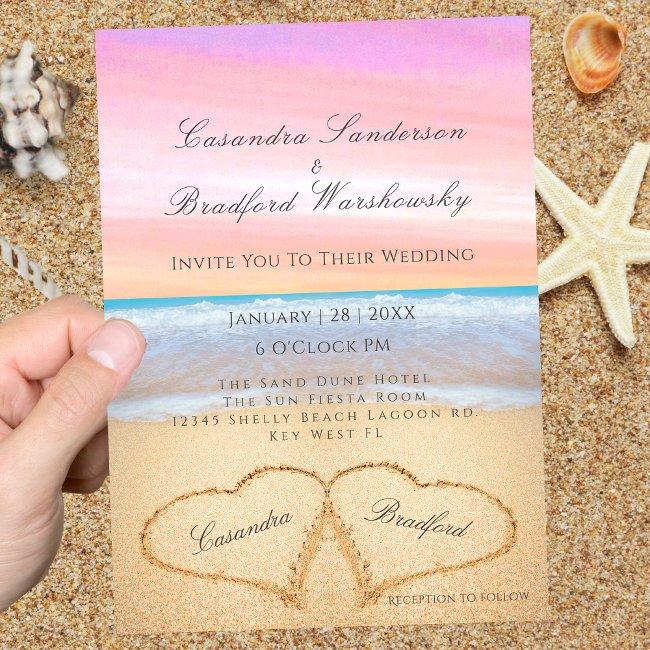 Purple Pink Sunset Beach Wedding 2 Hearts Sand Invitation
