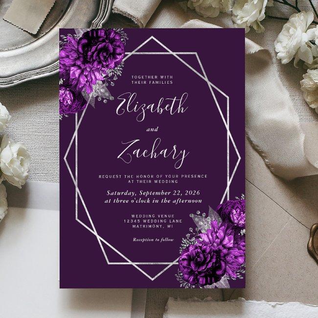 Purple Plum Silver Floral Wedding Invitation