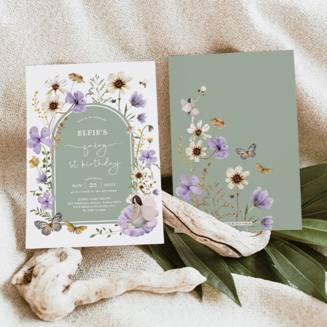 Purple Sage Green Fairy First Birthday Party Invitation