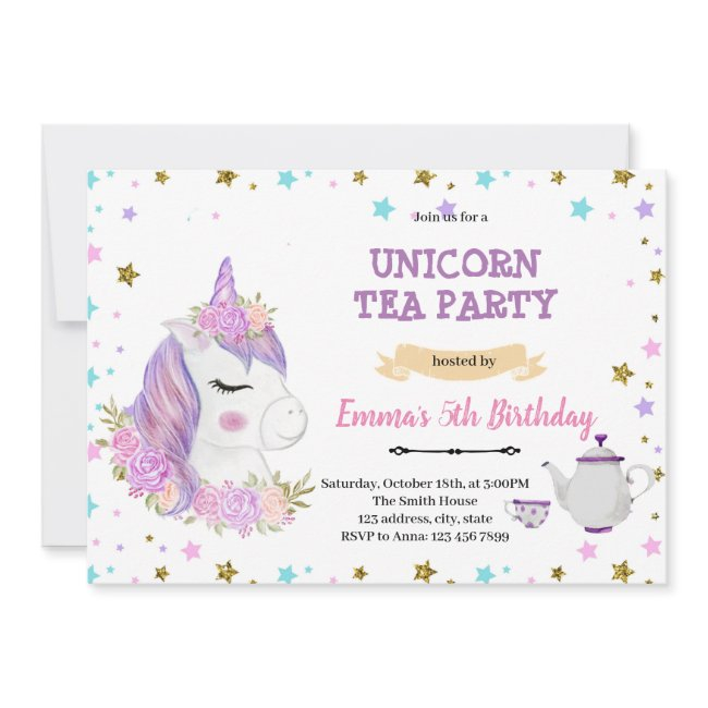 Purple Unicorn Tea Birthday Invitation