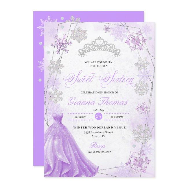 Purple Winter Wonderland Snowflake Sweet 16 Invitation