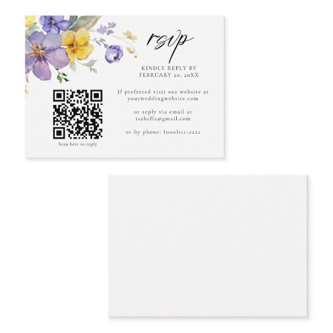 Purple Yellow Lavender Floral Qr Code Wedding Rsvp Enclosure Invitations