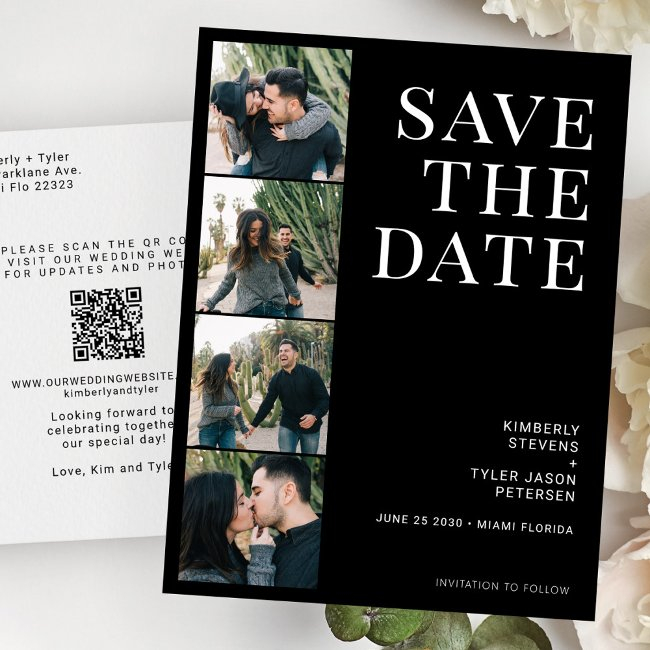 Qr Code 4 Photos Typography Black Wedding Announcement Postinvitations
