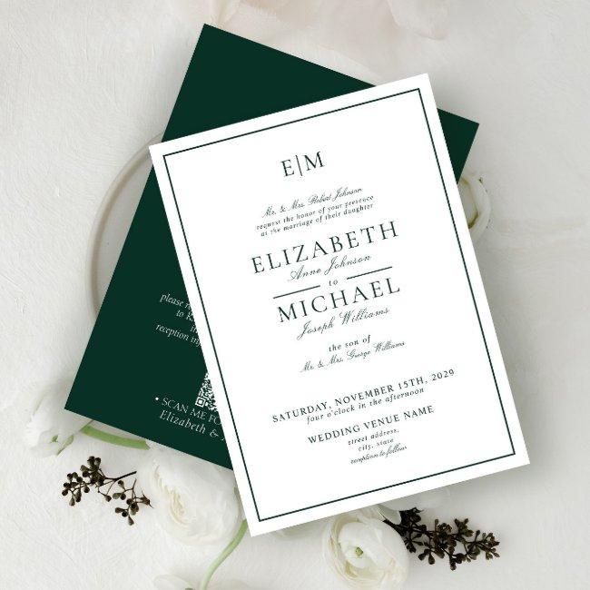 Qr Code Emerald Green Classic Monogram Wedding Invitation