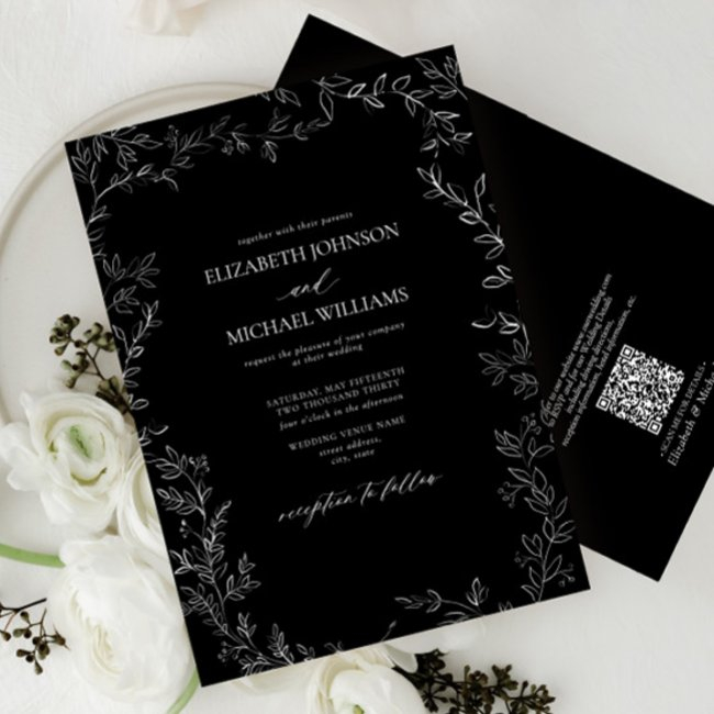 Qr Code Modern Black & White Minimal Leaf Wedding Invitation