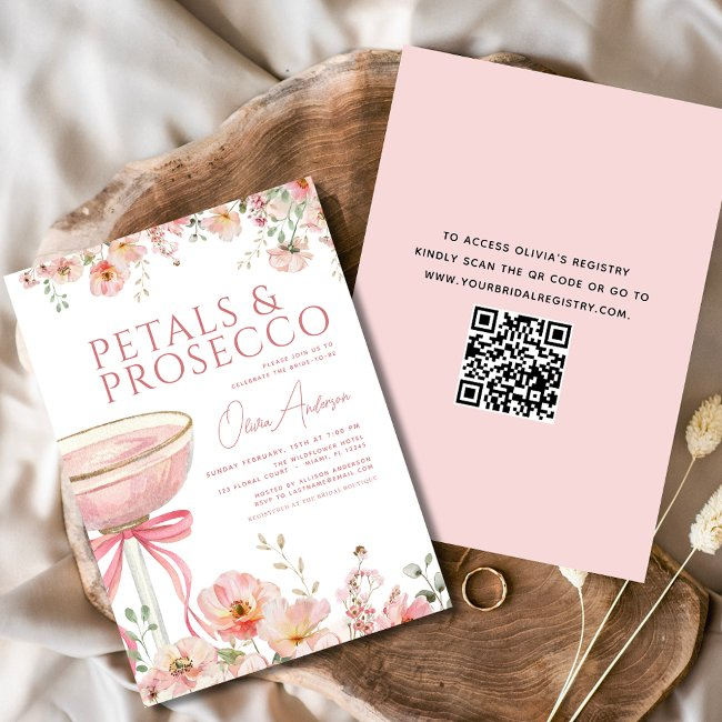 Qr Code Petals & Prosecco Pink Bow Bridal Shower Invitation