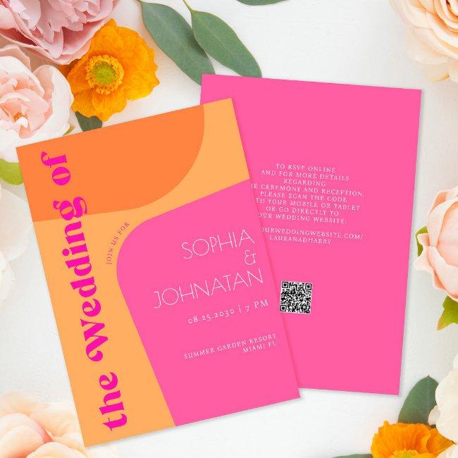 Qr Code Retro Pink Orange Bold All In One Wedding Invitation