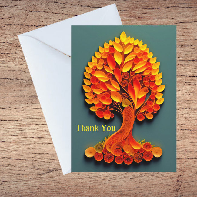 Quilling Orange Autumn Tree Illustration Thank You Holiday Invitations