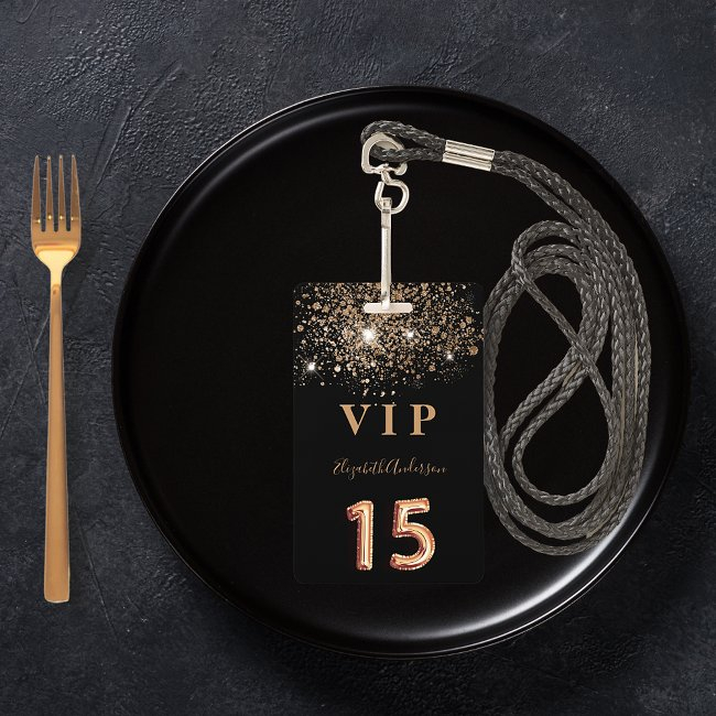 Quinceanera Black Gold Glitter Vip Invitation Badge