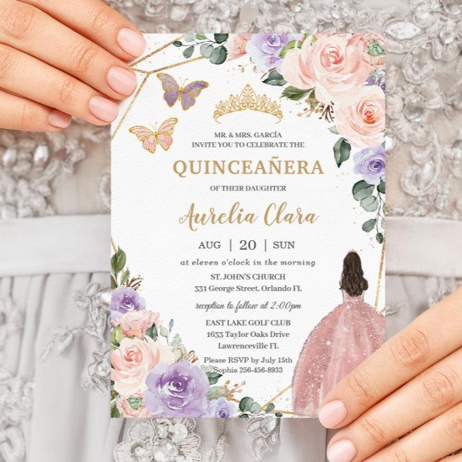 Quinceañera Blush Pink Lilac Purple Floral 16th Invitation