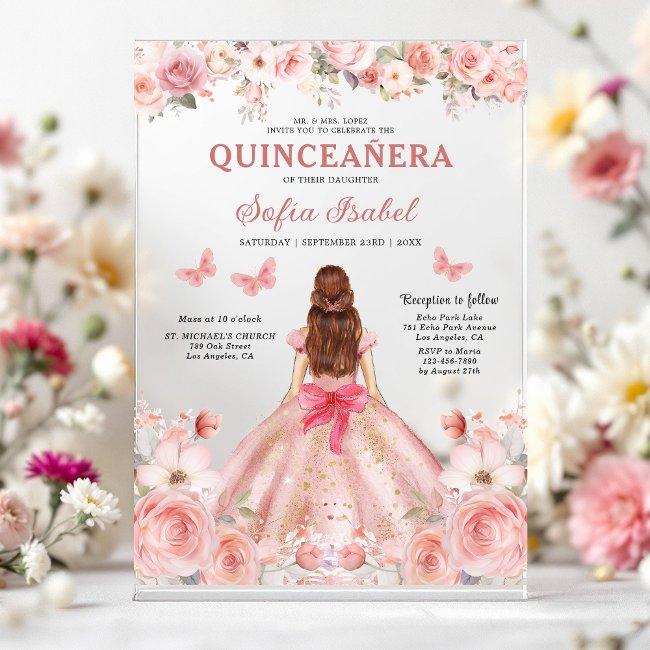 Quinceañera Blush Pink Rose Floral Butterfly Acrylic Invitations