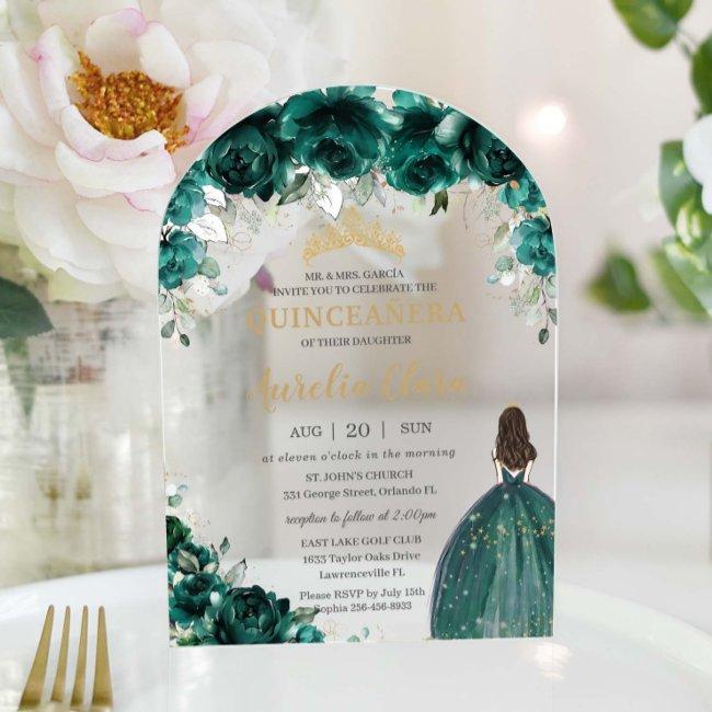 Quinceañera Emerald Green Floral Dress Gold Arch Acrylic Invitations