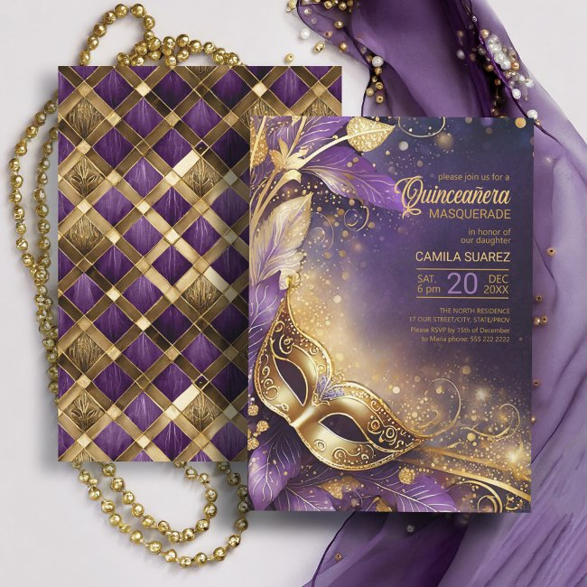 Quinceanera Masquerade Purple Gold Id1031 Invitation