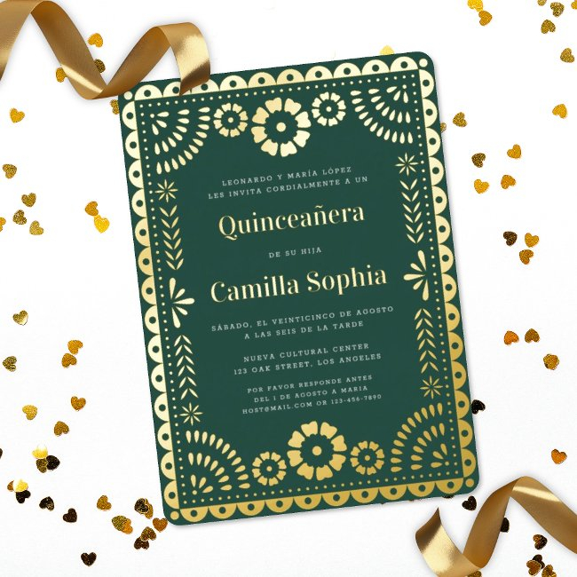 Quinceañera Papel Picado Dark Green Gold Foil Invitation
