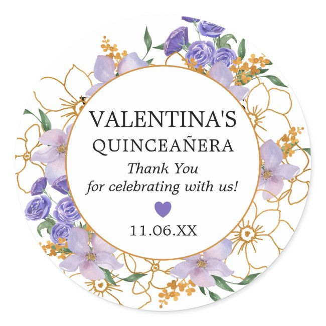 Quinceanera Purple Gold Floral Favor Thank You Classic Round Sticker