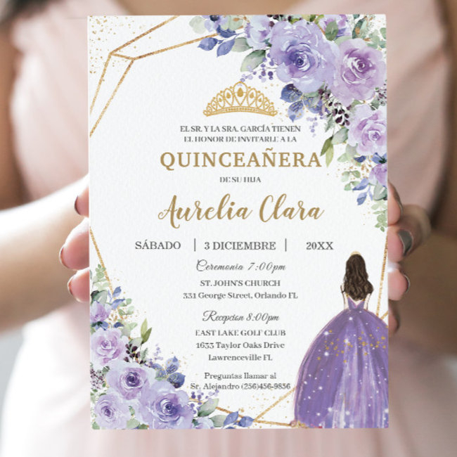 Quinceañera Purple Lilac Floral Princess Spanish Invitation