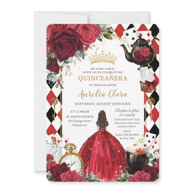 Quinceanera Red Roses Floral Alice In Wonderland Invitation