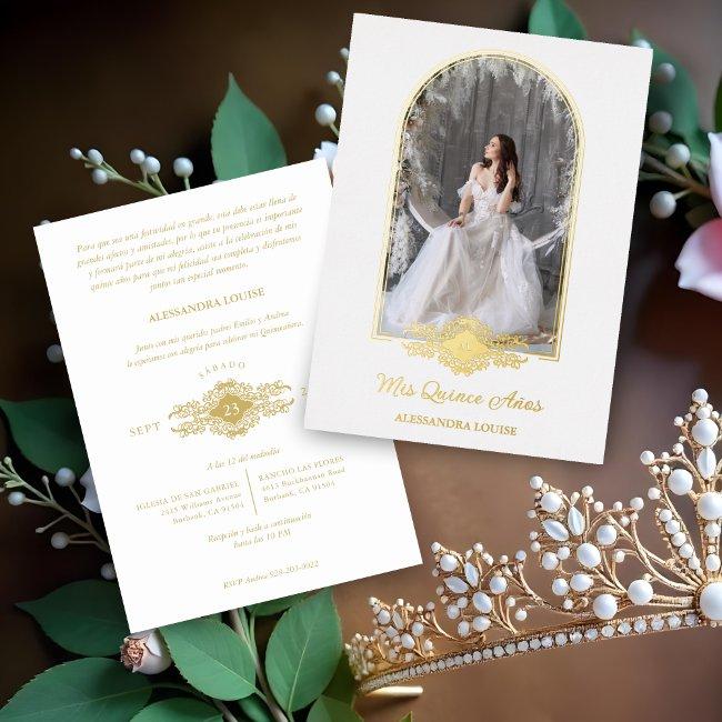 Quinceañera Spanish Fancy Golden Arch Effect Photo Foil Invitation