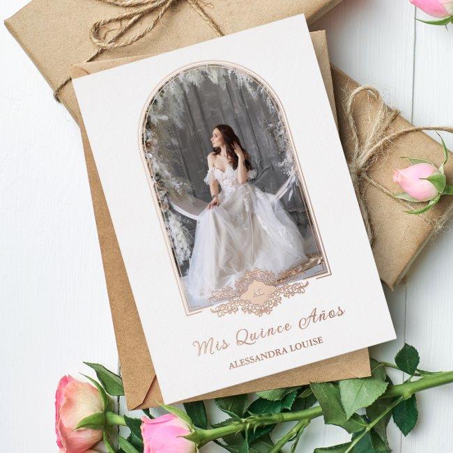 Quinceañera Spanish Fancy Rose Gold Arch Photo Foil Invitation