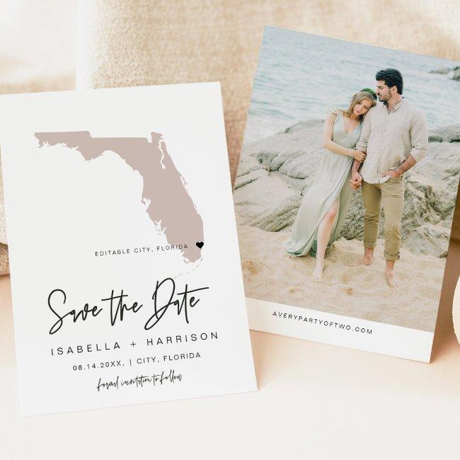 Quinn Florida Blush Pink Map Photo Save The Date Invitation