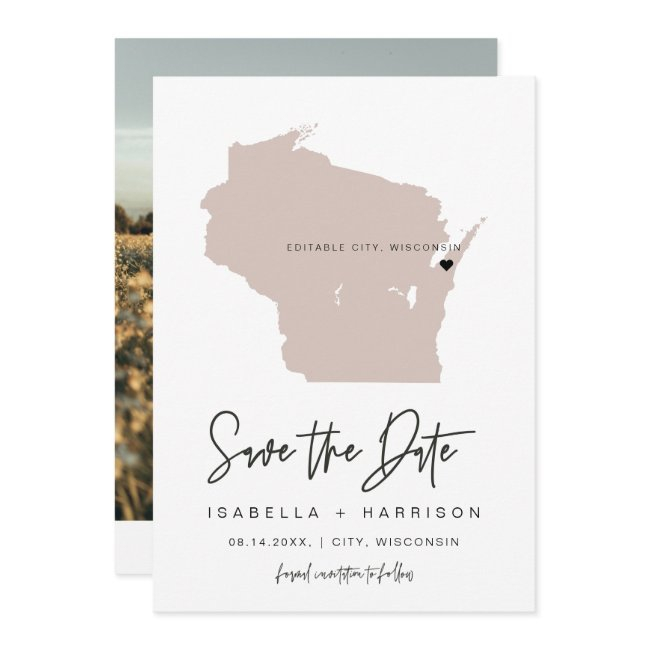 Quinn Wisconsin Blush Pink Map Photo Save The Date Invitation