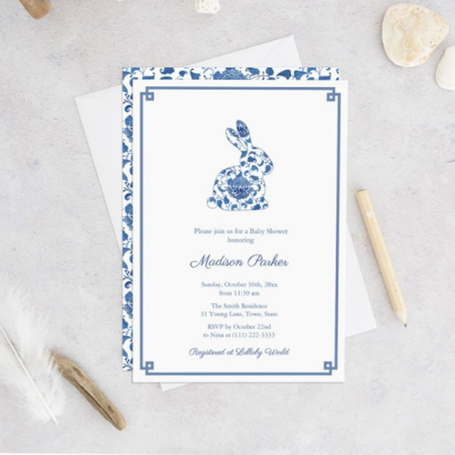 Rabbit Chinoiserie Chic Blue And White Baby Shower Invitation