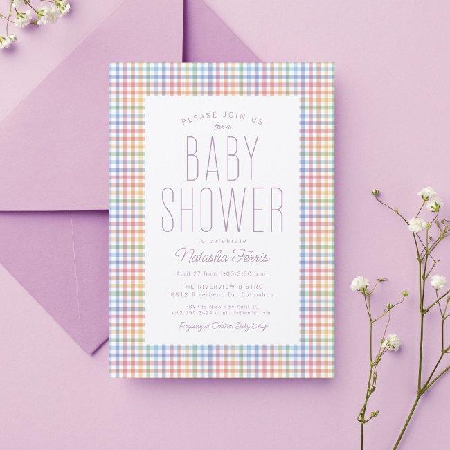 Rainbow Gingham Plaid Cute Pastel Baby Shower Invitation