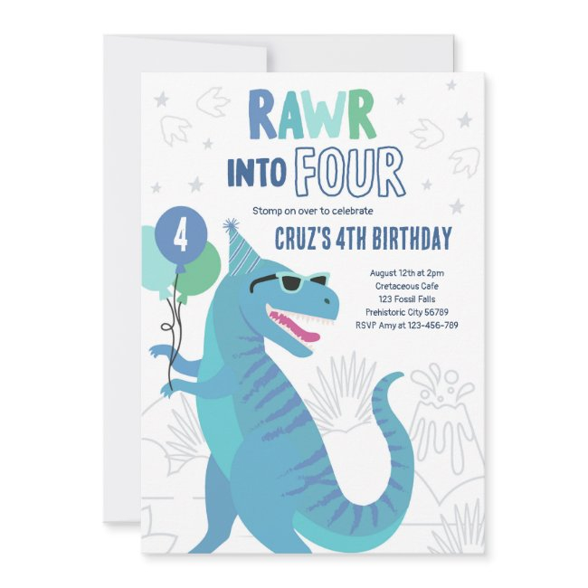 Rawr Into Four T-rex Dinosaur 4th Birthday Party Invitation