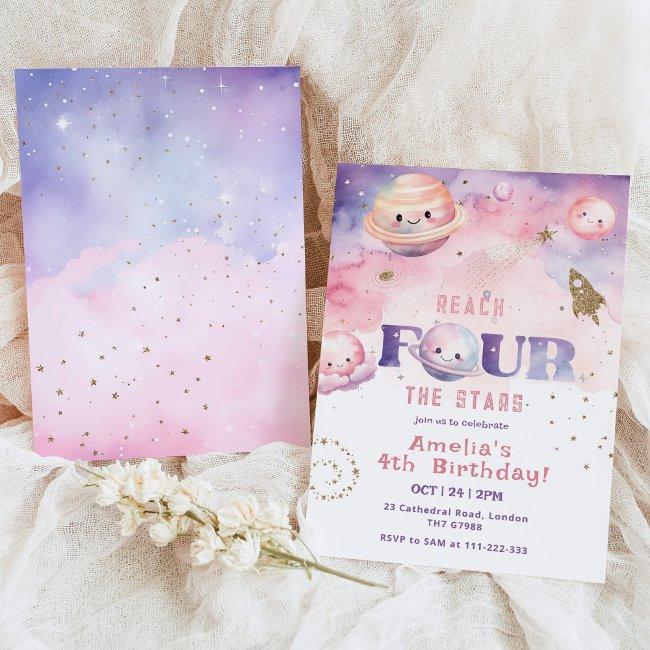 Reach Four The Stars Girl Space Birthday Invitation