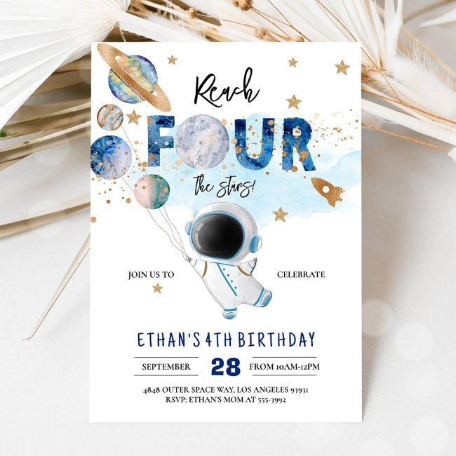 Reach Four The Stars Outer Space Balloon Birthday Invitation